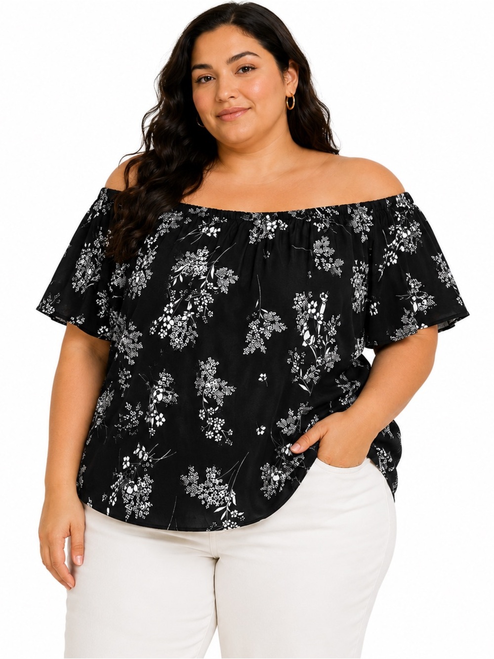 PENN Penningtons Black White Floral Off Shoulder Blouse Top 1X Boho Cottagecore